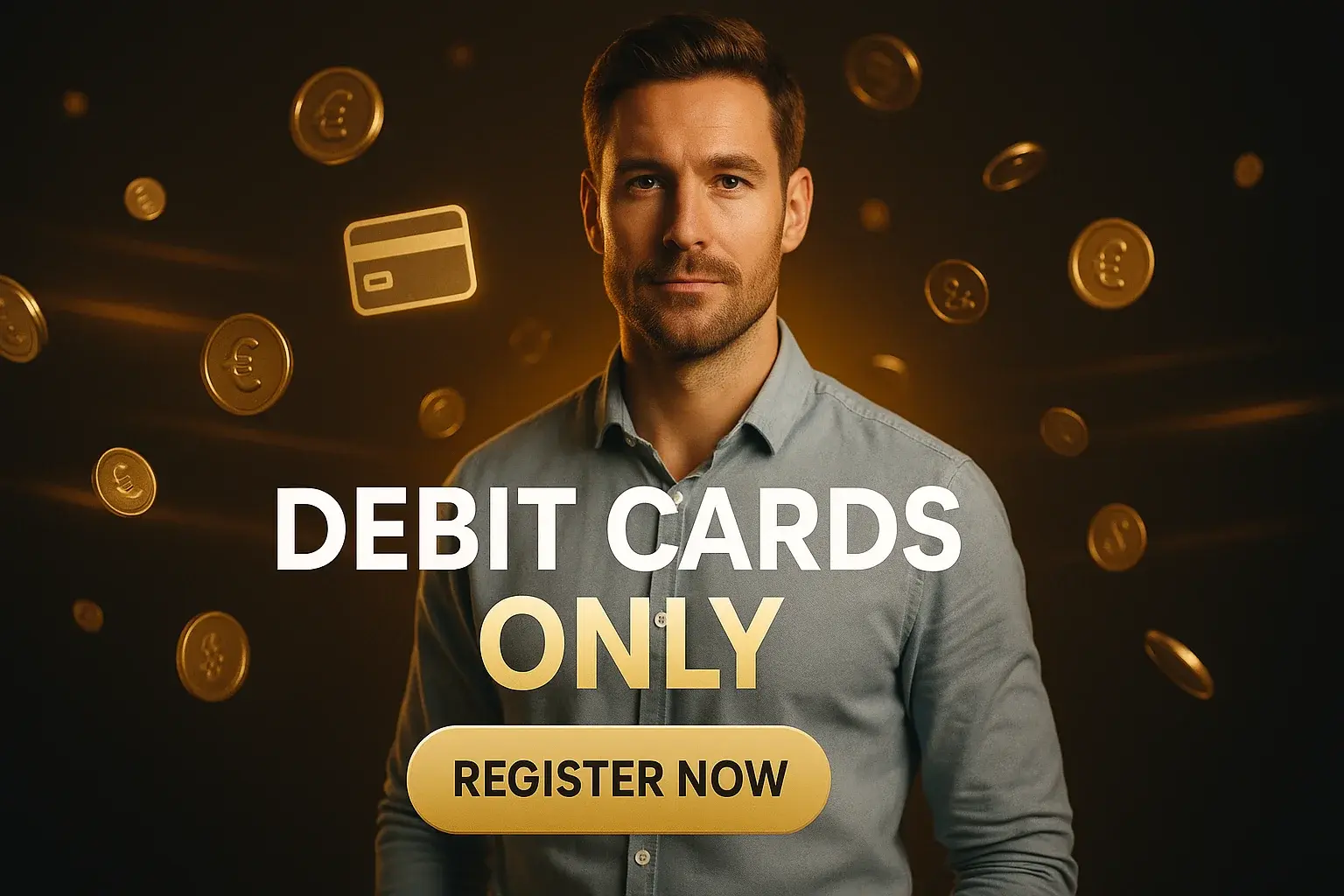 Photorealistic sports betting banner with British man, gold coins and debit cards only text