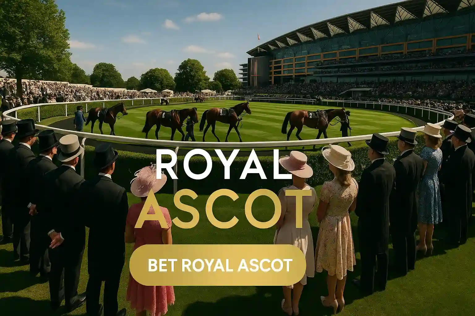 Royal Ascot Gold Cup banner with racegoers, paddock horses and grandstand