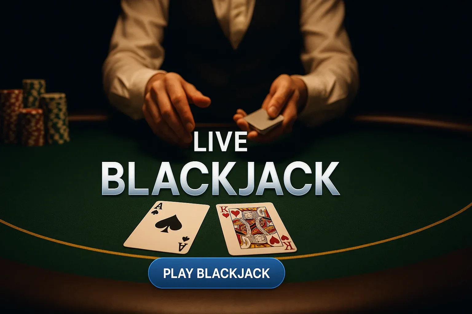 Live blackjack table with cards, chips and croupier hands