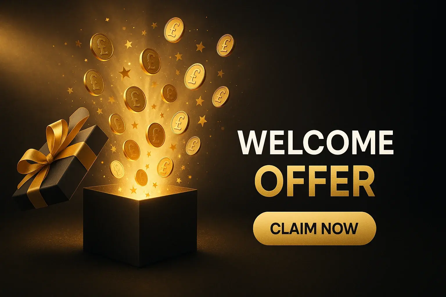 Luxury gift box banner with welcome offer, pound coins and gold confetti
