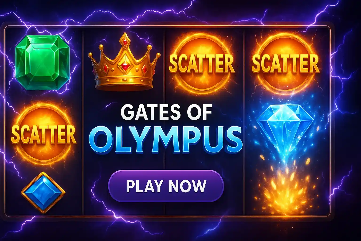 Photorealistic Olympus slot reels with lightning, glowing symbols and play button